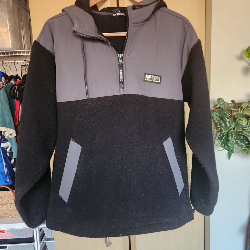 Eddie Bauer EBTek Black and Gray Half-Zip Hooded Pullover Sweater sz M